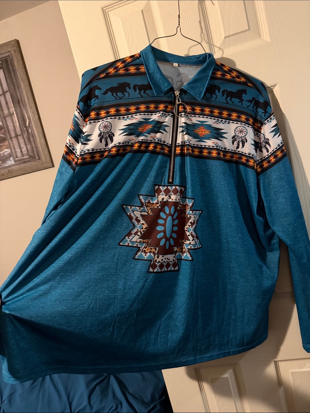 #279 Women's Teal Southwestern Zip-Up Pullover with Native Motif (Never Worn)